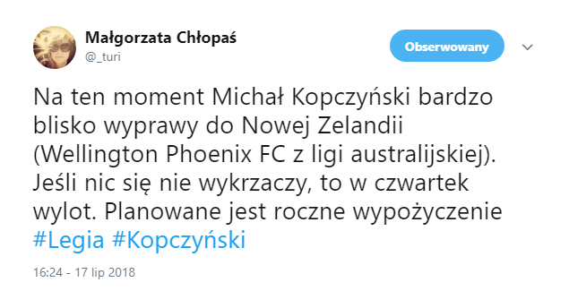 Michał Kopczyński odchodzi z Legii